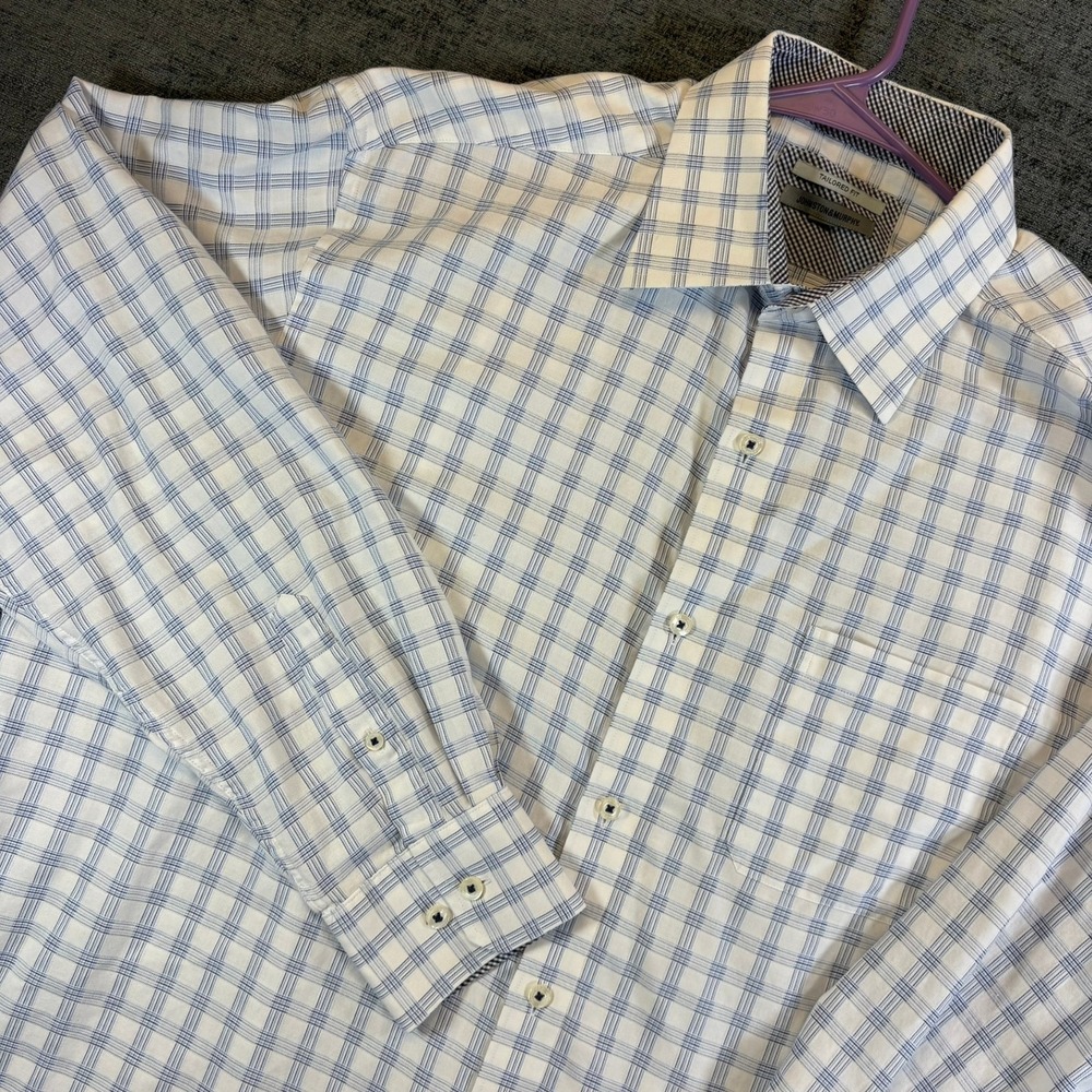 Johnston & Murphy Button Down Shirt Mens XL Blue Plaid Tailored Fit Long Sleeve - Picture 1 of 11